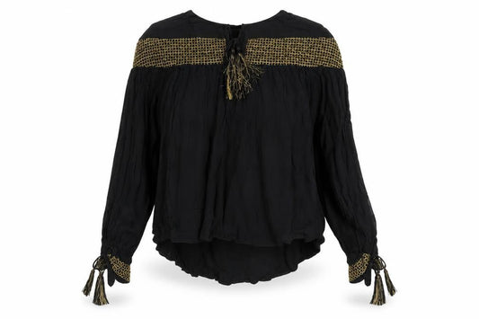 Front view of ASOS Women's Black Tunic Blouse, size 12, - Tasselled & Elegant