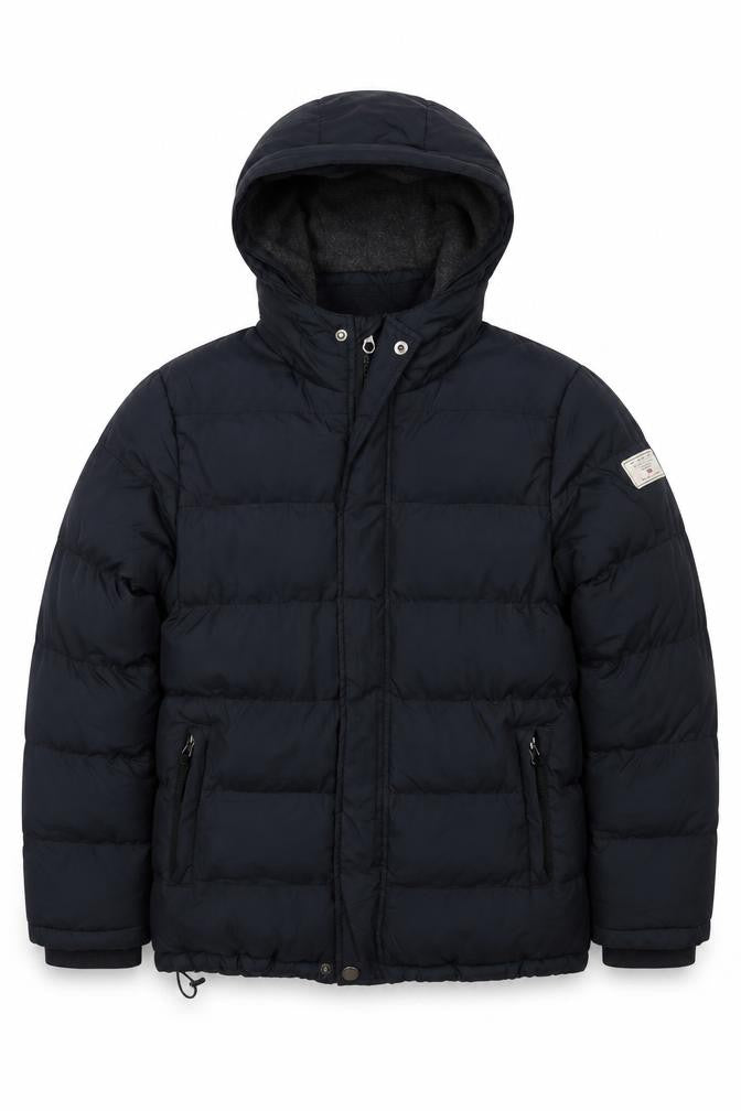 Front view of TOG24 boys’ black puffer jacket 11 years hooded