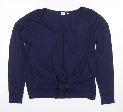 GAP Women's Blue Blouse - Medium, V-Neck, Long Sleeve