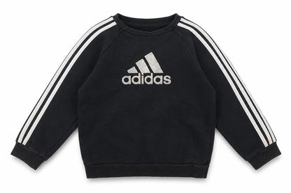 Front view of Adidas boys’ black sweatshirt, size 3-4, years, logo design