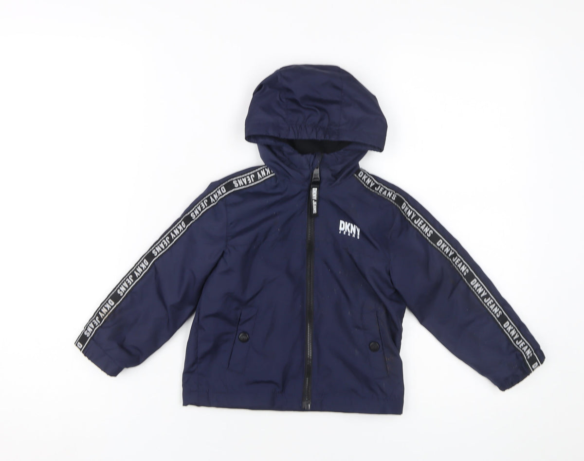 Additional front view of DKNY boys’ blue basic hooded jacket, size 2, years
