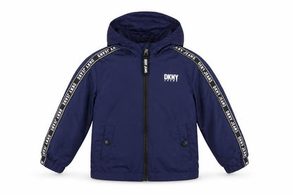 Front view of DKNY boys’ blue basic hooded jacket, size 2, years