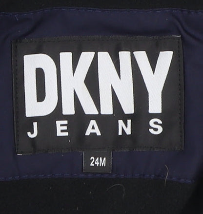 Close-up detail of DKNY boys’ blue basic hooded jacket, size 2, years