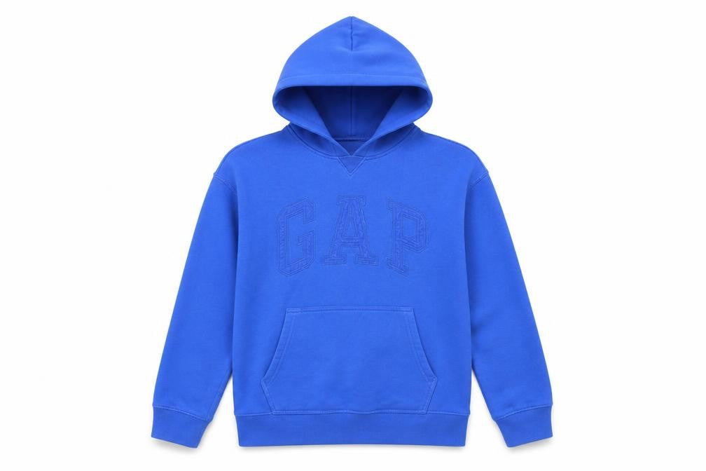 Front view of Gap boys’ blue logo pullover hoodie, size 12, years