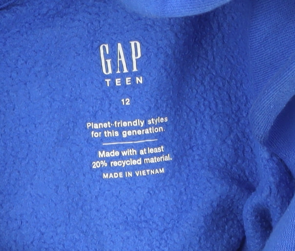 Close-up detail of Gap boys’ blue logo pullover hoodie, size 12, years