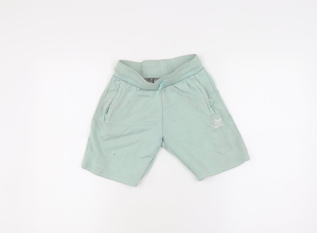 Additional front view of Adidas boys’ green sweat shorts, size 9-10, drawstring pockets