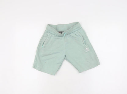 Additional front view of Adidas boys’ green sweat shorts, size 9-10, drawstring pockets