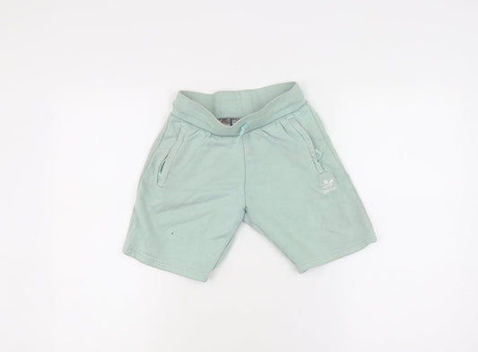 Additional front view of Adidas boys’ green sweat shorts, size 9-10, drawstring pockets