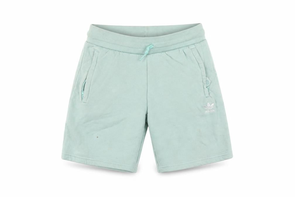 Front view of Adidas boys’ green sweat shorts, size 9-10, drawstring pockets