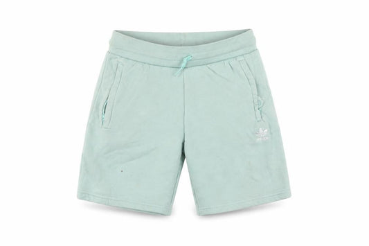Front view of Adidas boys’ green sweat shorts, size 9-10, drawstring pockets