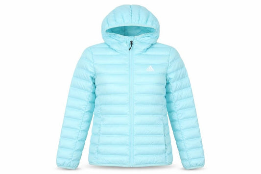 Front view of Adidas Women's Blue XS Puffer Jacket with Hood
