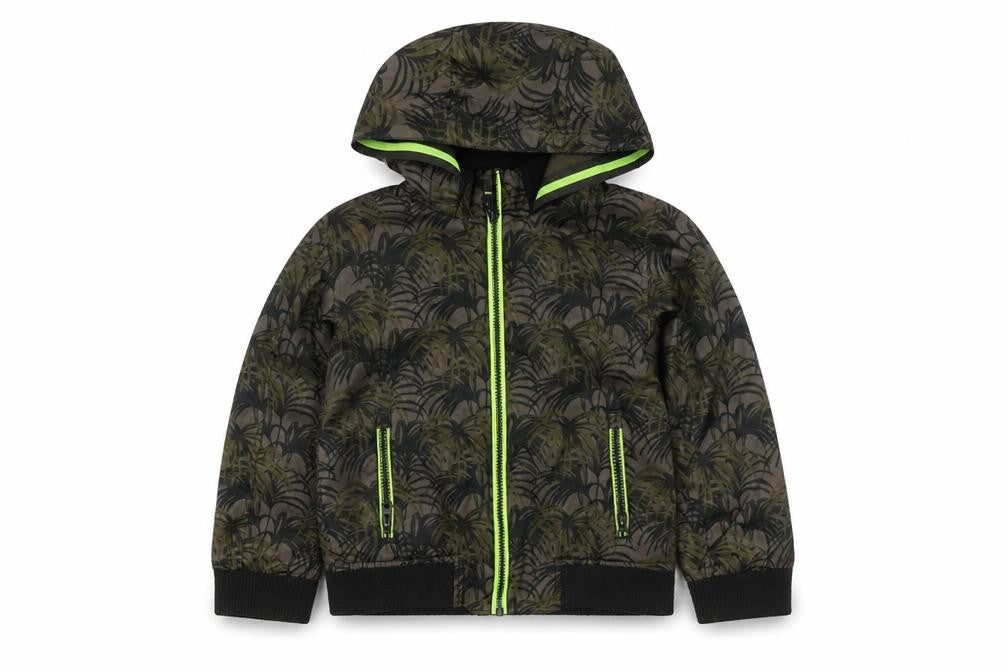 Front view of Mini B boys’ multicoloured bomber jacket, 6-7 years, hooded zip
