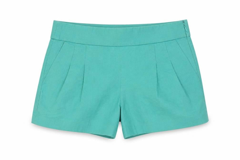 Front view of J.Crew Women's Green Pleated Shorts, size 4