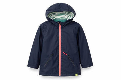 Front view of White Stuff girls’ blue rain coat 3-4 years waterproof hooded