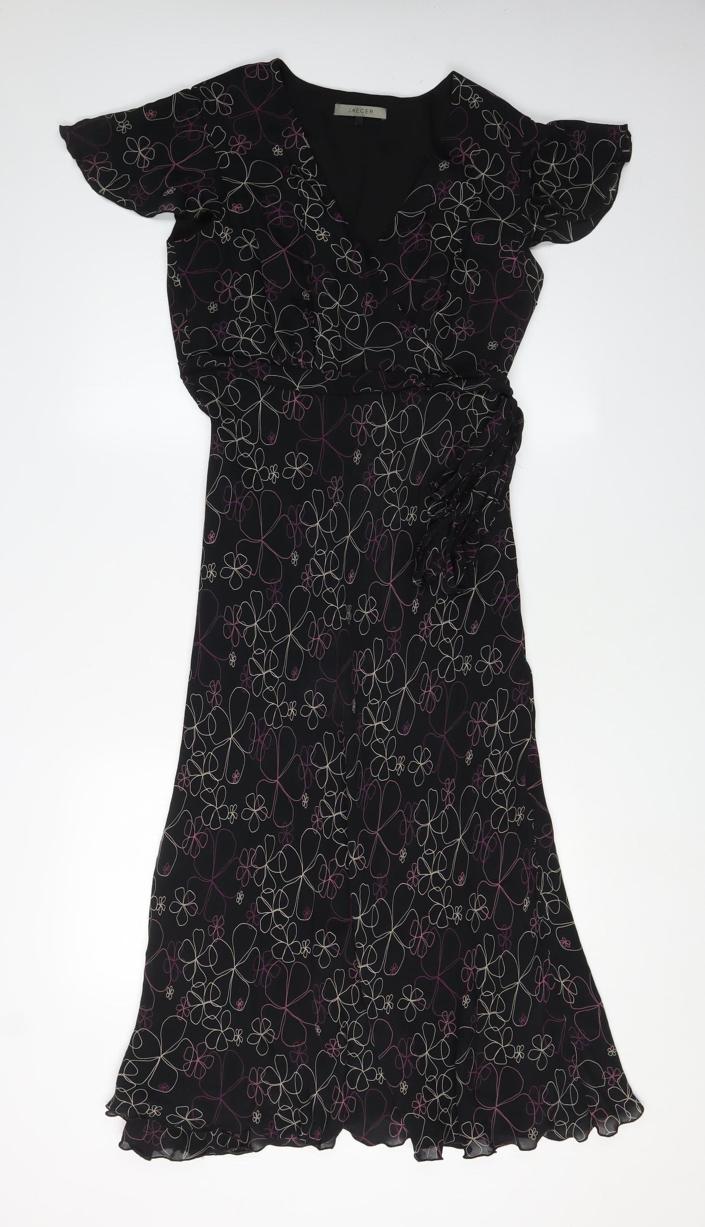 Jaeger Women's Black Floral Silk Wrap Dress, Size 12