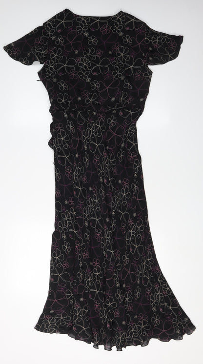 Jaeger Women's Black Floral Silk Wrap Dress, Size 12