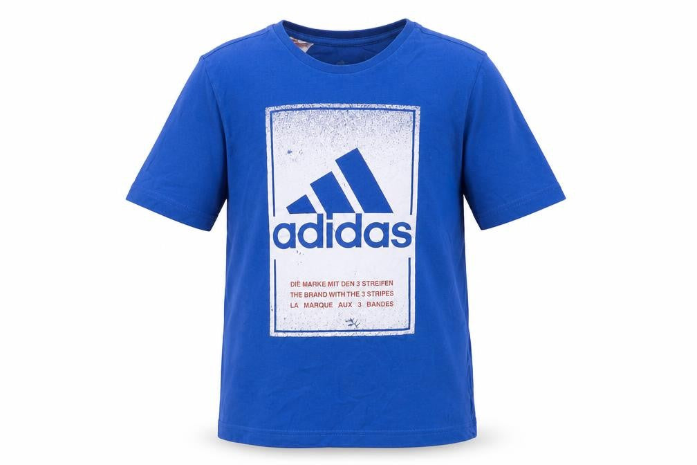 Front view of Adidas boys’ blue graphic print t-shirt, size M
