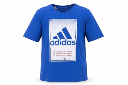 Front view of Adidas boys’ blue graphic print t-shirt, size M