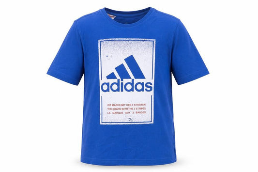 Front view of Adidas boys’ blue graphic print t-shirt, size M
