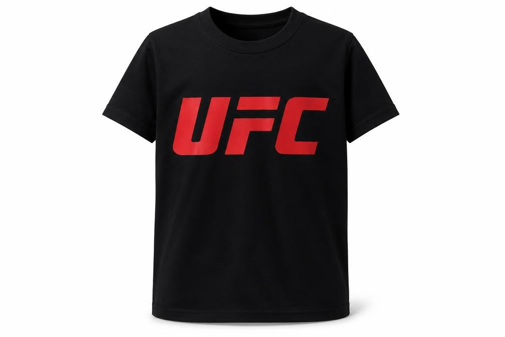 Front view of UFC boys’ black t-shirt, size 9-10, graphic cotton casual