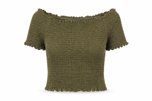 Front view of Marks & Spencer Green Off Shoulder Cropped T-Shirt