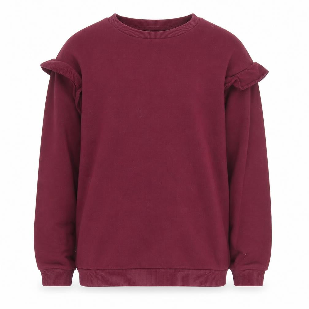 Front view of H&M girls’ red pullover sweatshirt, 8 years, ruffle accent