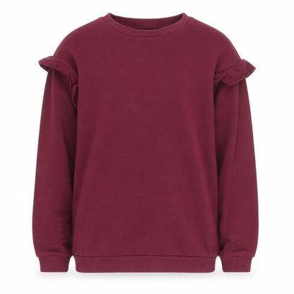 Front view of H&M girls’ red pullover sweatshirt, 8 years, ruffle accent
