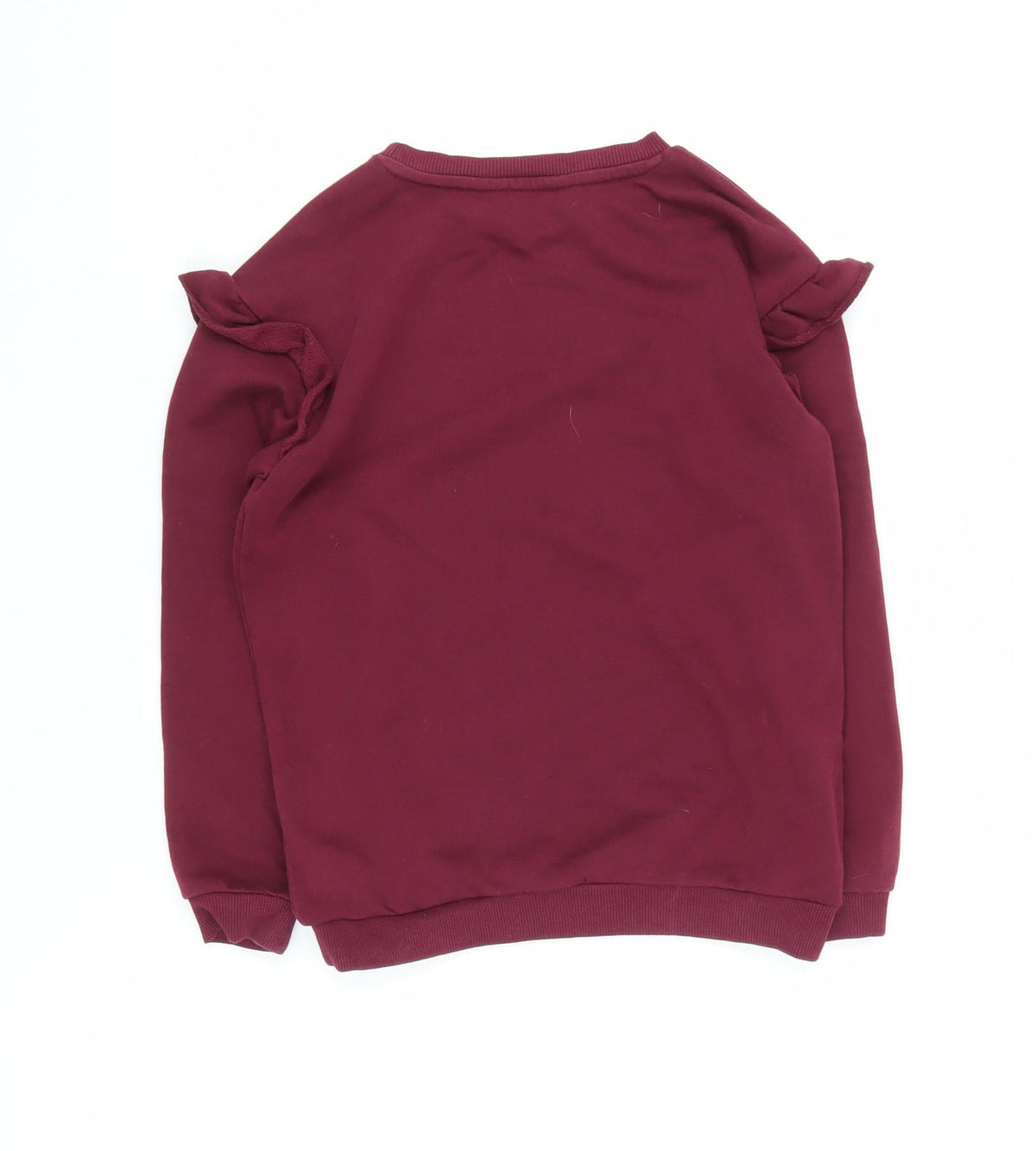 Back view of H&M girls’ red pullover sweatshirt, 8 years, ruffle accent