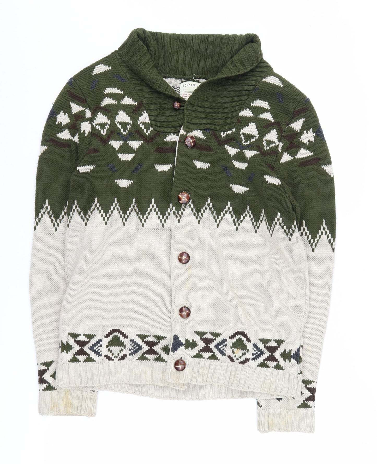 Topman Men's Green Aztec Cardigan, M, Chunky-Knit