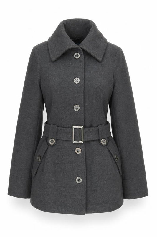 Front view of Evie Women's Grey Pea Coat -, size 10, Belted, Buttoned