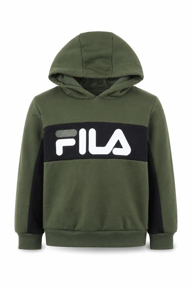 Front view of Fila boys’ green pullover hoodie 10-11 yrs - logo graphic