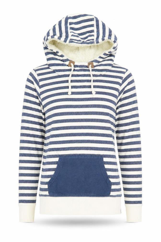 Front view of Animal Women's Blue Striped Hoodie, size 10, with Drawstring