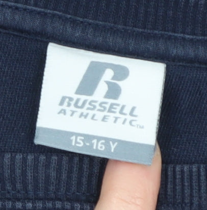 Brand and care label for Russell Athletic boys’' blue pullover sweatshirt 15-16 years