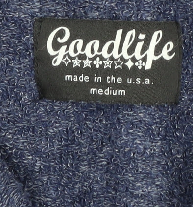Brand and care label for Goodlife Blue unisex pullover hoodie, medium size