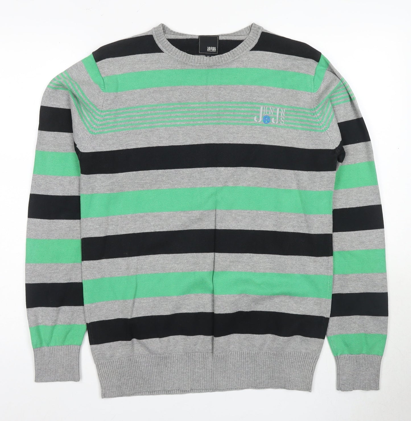Jack & Jones Men's Grey Green Striped Pullover M