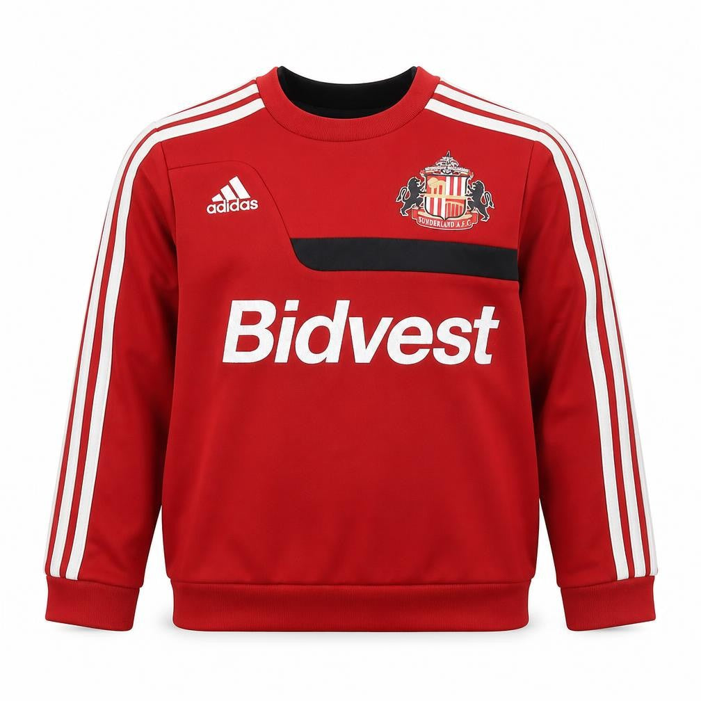 Front view of Adidas boys’ red pullover sweatshirt, size 8, football graphic