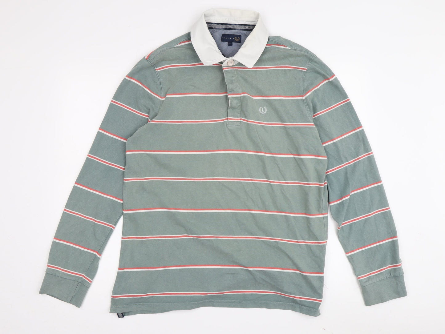 Lincoln Men's Green Striped Polo Shirt, Size L, Long Sleeve