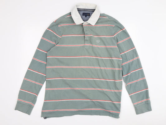 Lincoln Men's Green Striped Polo Shirt, Size L, Long Sleeve