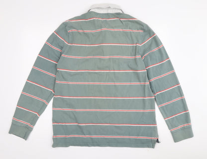 Lincoln Men's Green Striped Polo Shirt, Size L, Long Sleeve