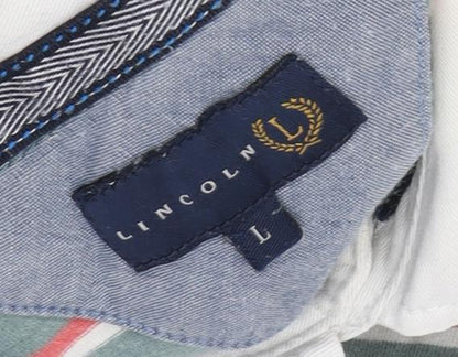 Lincoln Men's Green Striped Polo Shirt, Size L, Long Sleeve