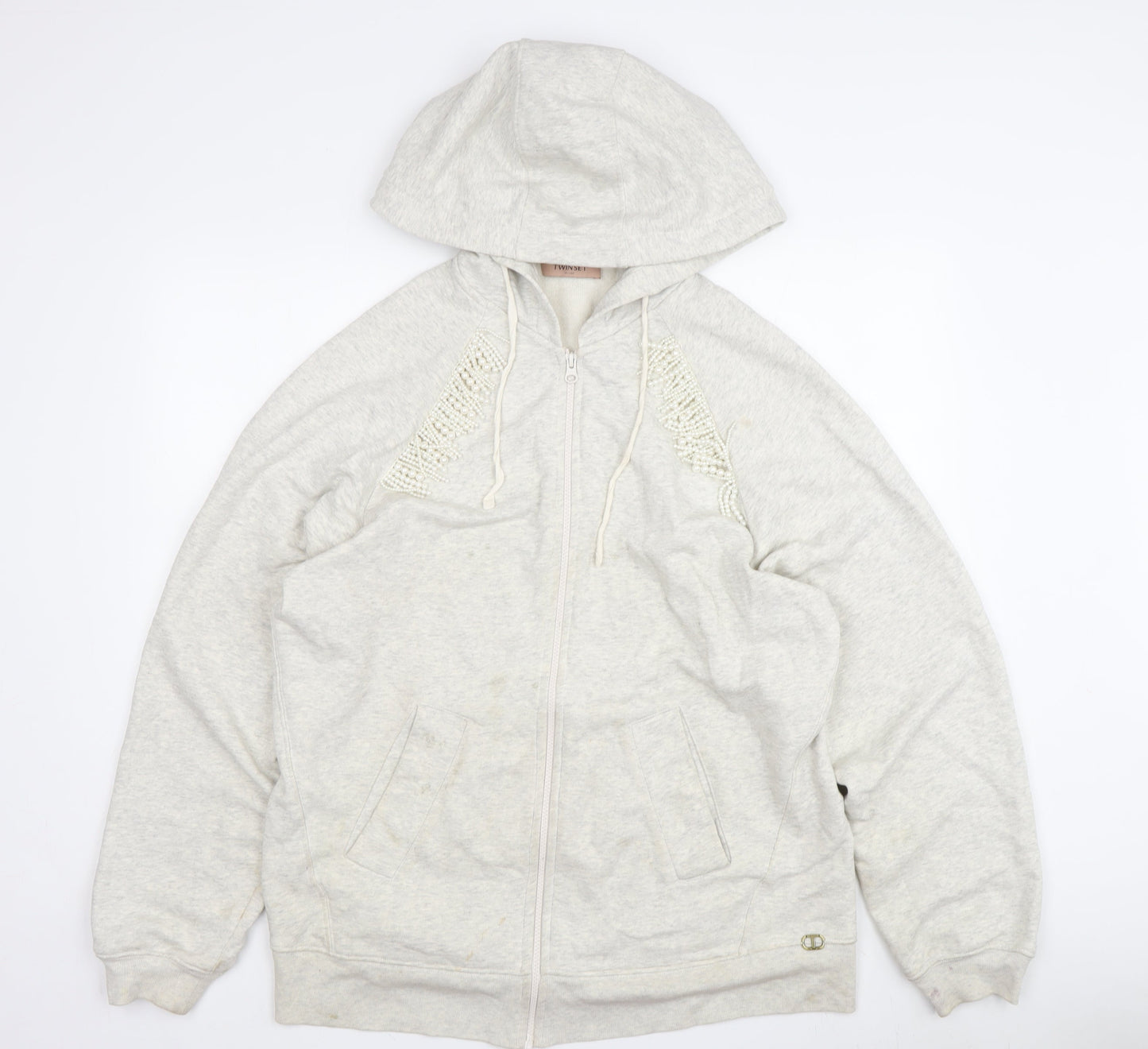 Twinset Women's Ivory Full Zip Hoodie, Size S, Crochet Detail