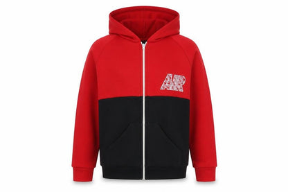 Front view of boys’ red & black full zip hoodie with logo, size 11-12