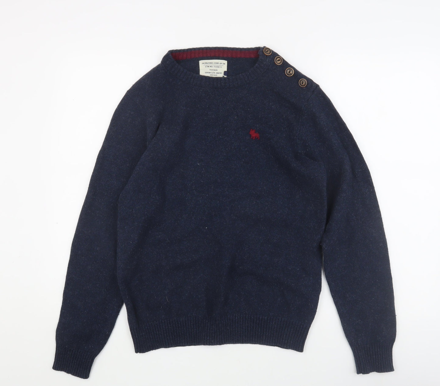 Jack & Jones Men's Blue Pullover Jumper M, Button Accent