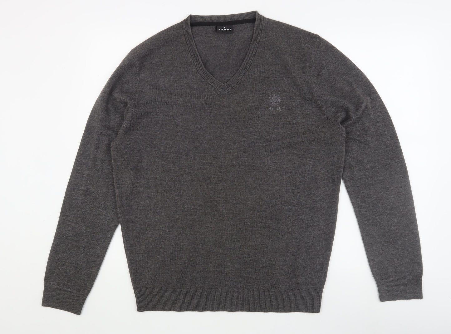 Jeff Banks Men's Grey V-Neck Pullover Jumper L