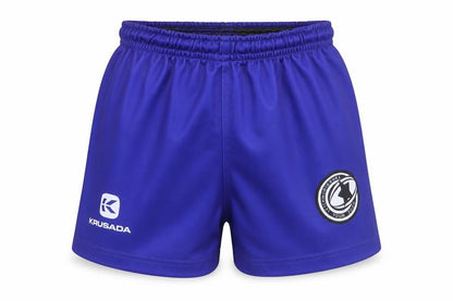 Front view of Krusada boys’ blue athletic shorts, size S, for gym & training