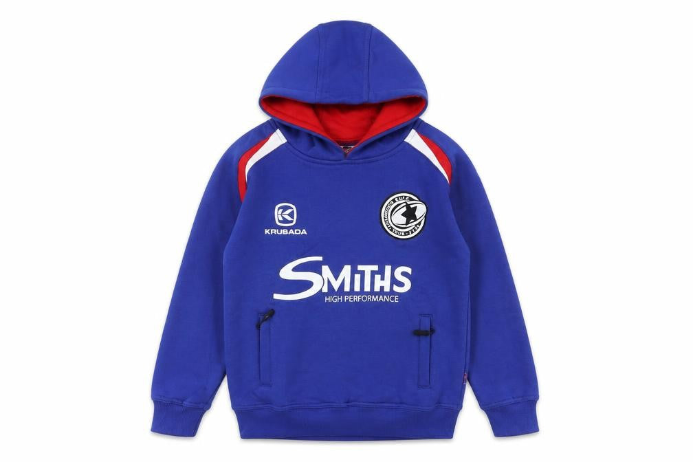 Front view of Krusada boys’ blue hoodie, size S, sports style