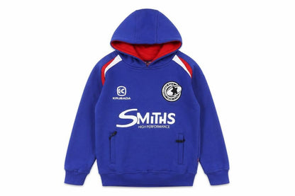 Front view of Krusada boys’ blue hoodie, size S, sports style
