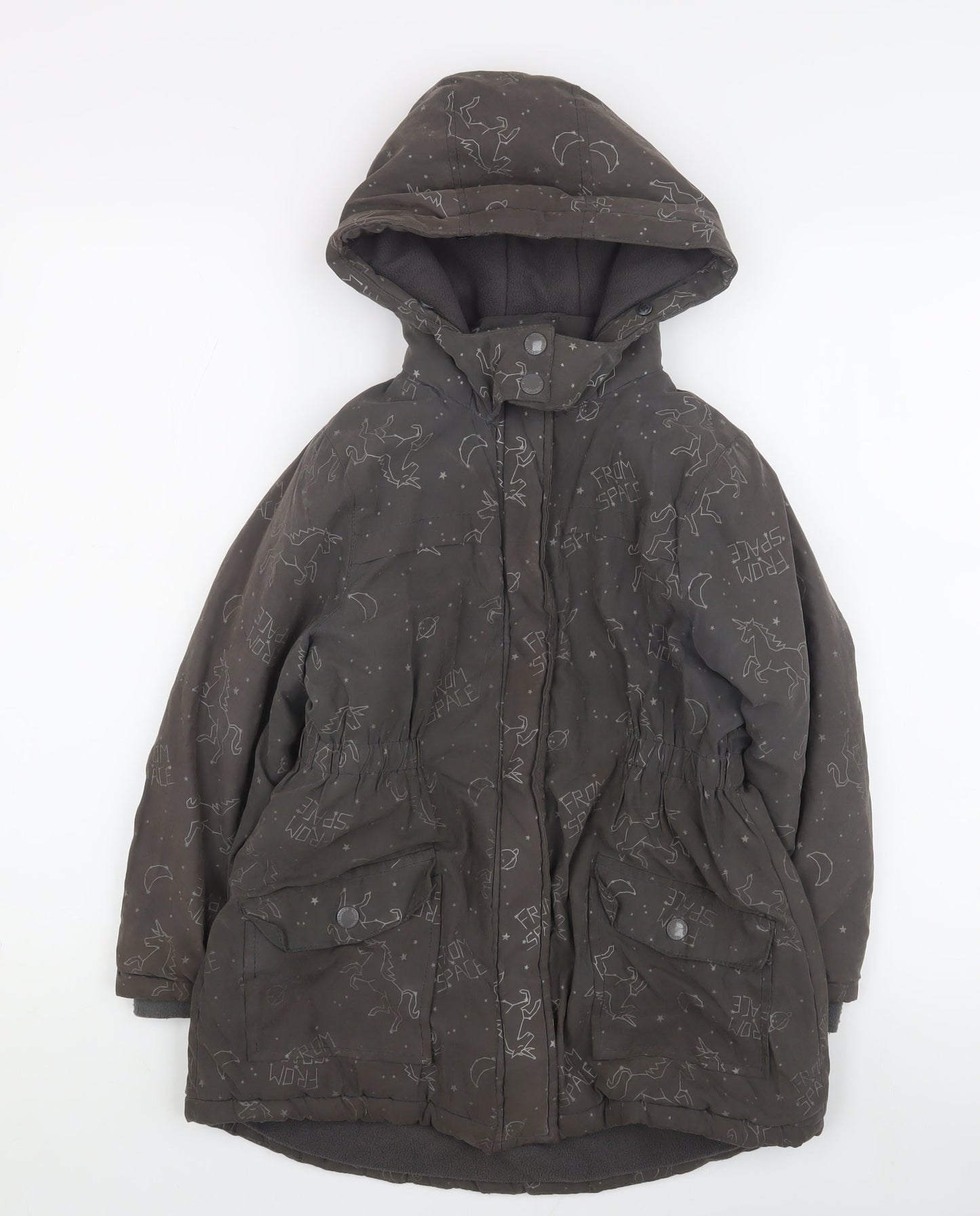 Vertbaudet Girls Grey Space Print Hooded Parka Coat 8 Years