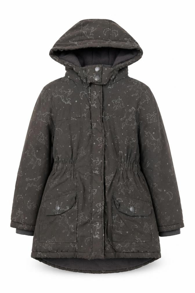 Front view of Vertbaudet girls’ grey space print hooded parka coat 8 years