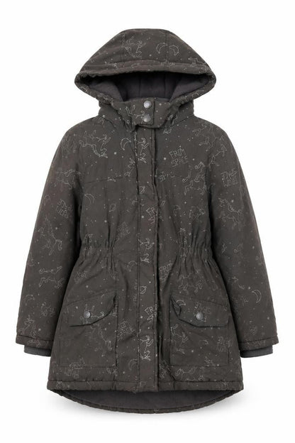 Front view of Vertbaudet girls’ grey space print hooded parka coat 8 years